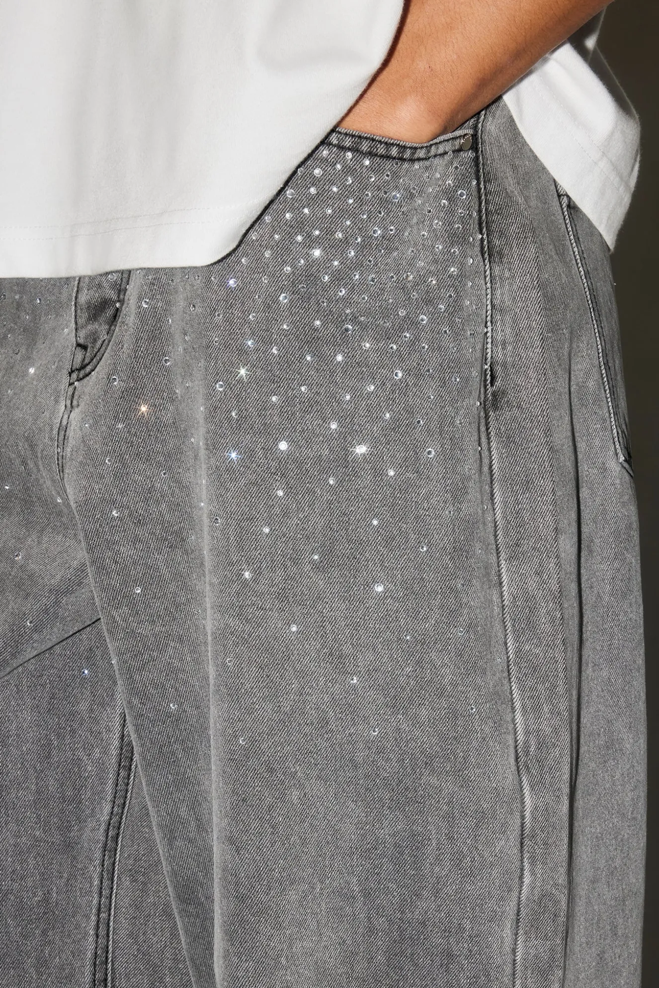 Rhinestone Super Baggy Jean - Washed Grey