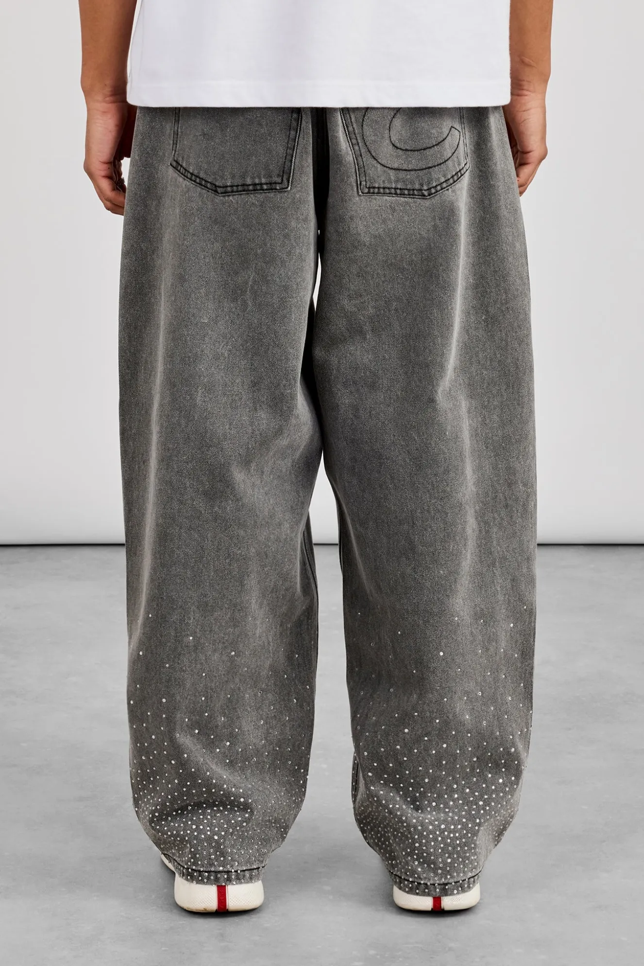 Rhinestone Super Baggy Jean - Washed Grey