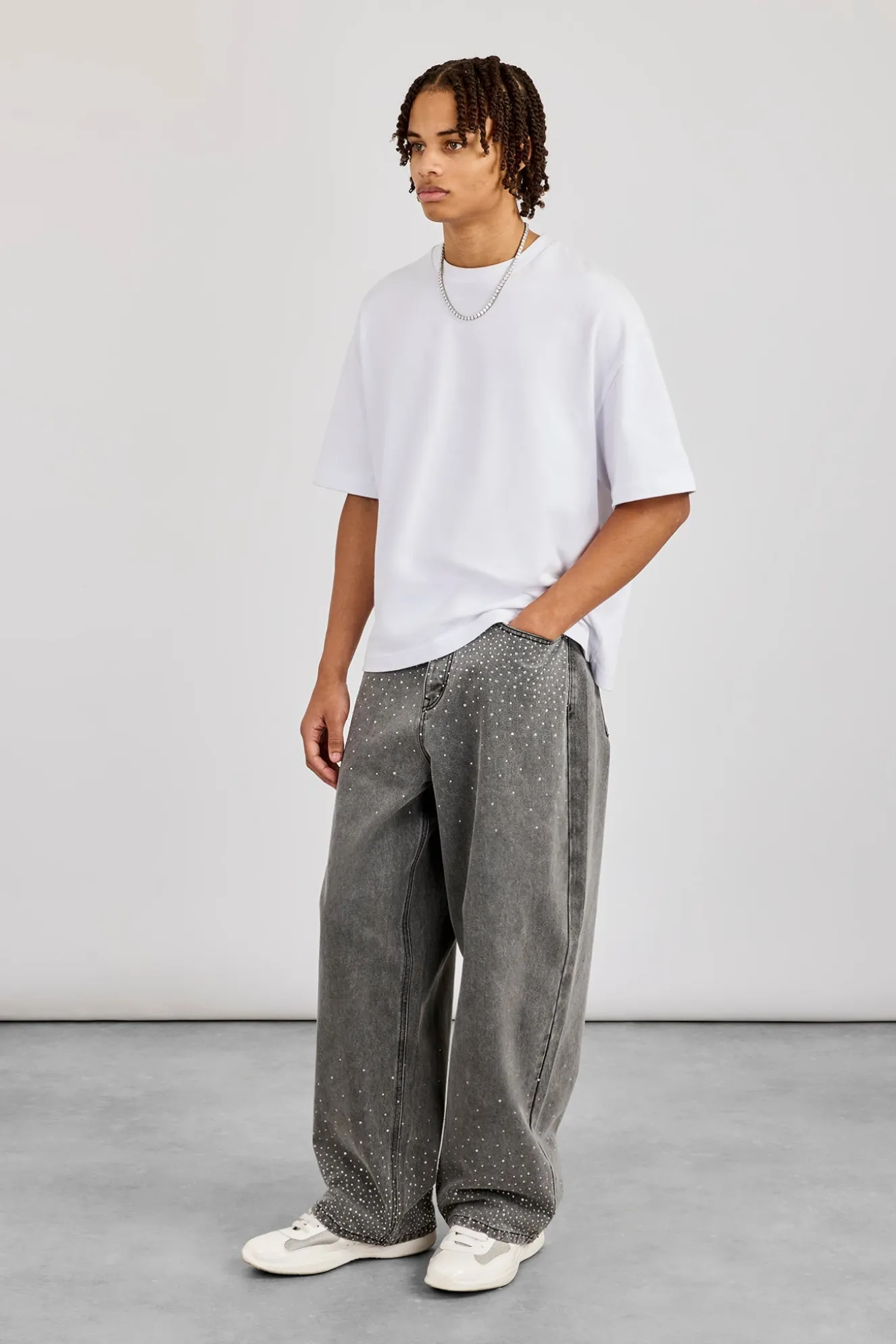 Rhinestone Super Baggy Jean - Washed Grey