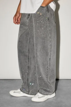 Rhinestone Super Baggy Jean - Washed Grey