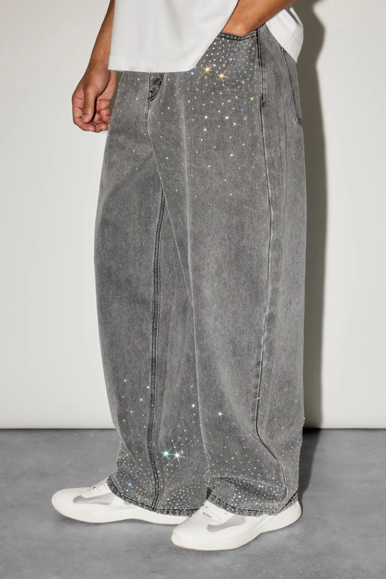 Rhinestone Super Baggy Jean - Washed Grey