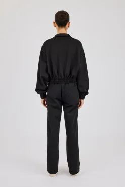 Rhinestone Taping Cropped Funnel Neck Tracksuit - Black