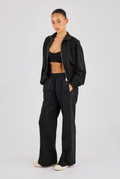 Rhinestone Taping Cropped Funnel Neck Tracksuit - Black