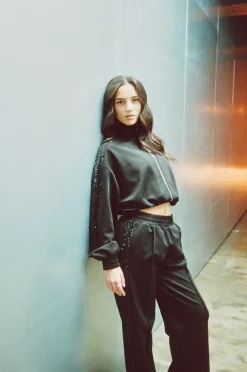 Rhinestone Taping Cropped Funnel Neck Jacket - Black