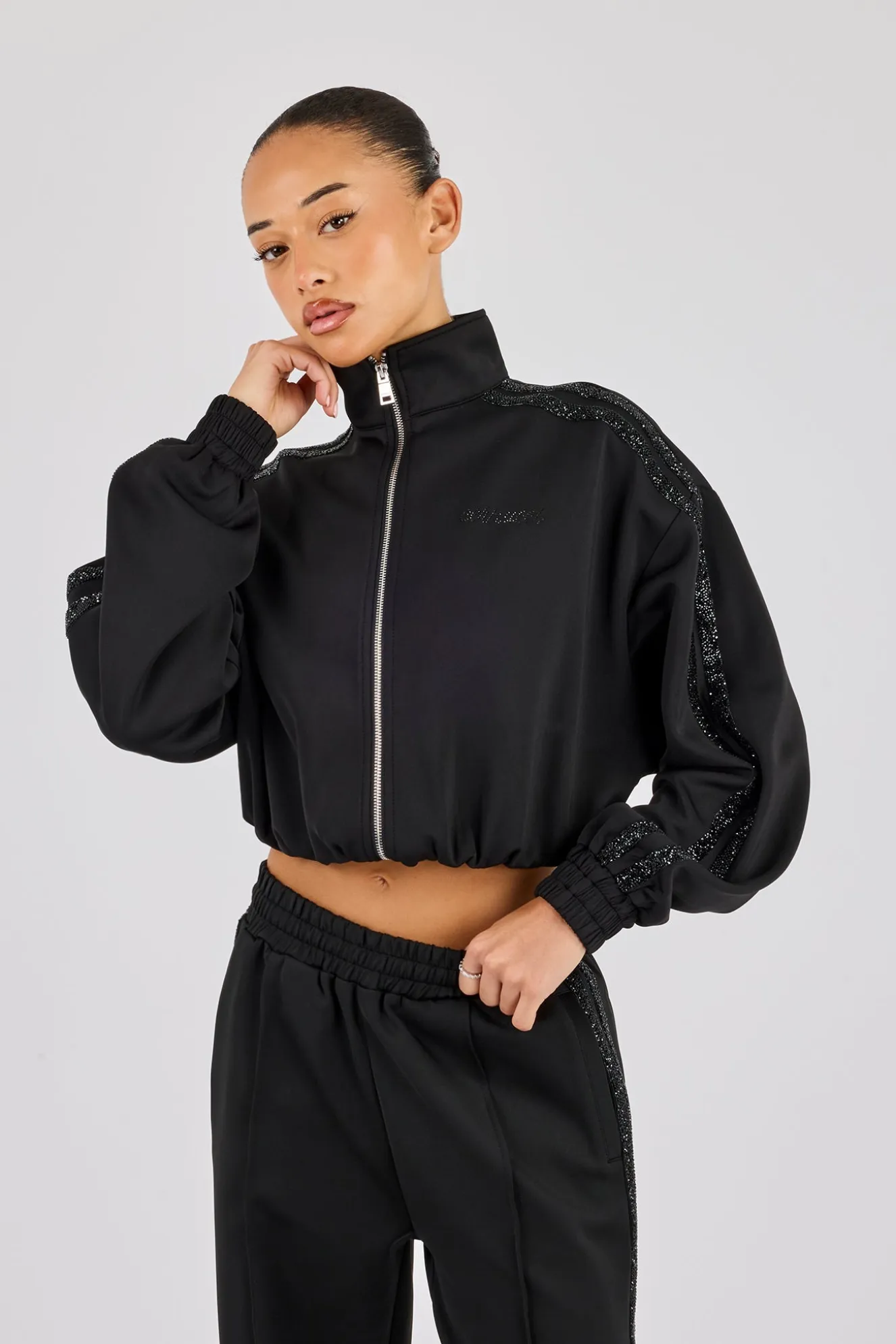 Rhinestone Taping Cropped Funnel Neck Jacket - Black