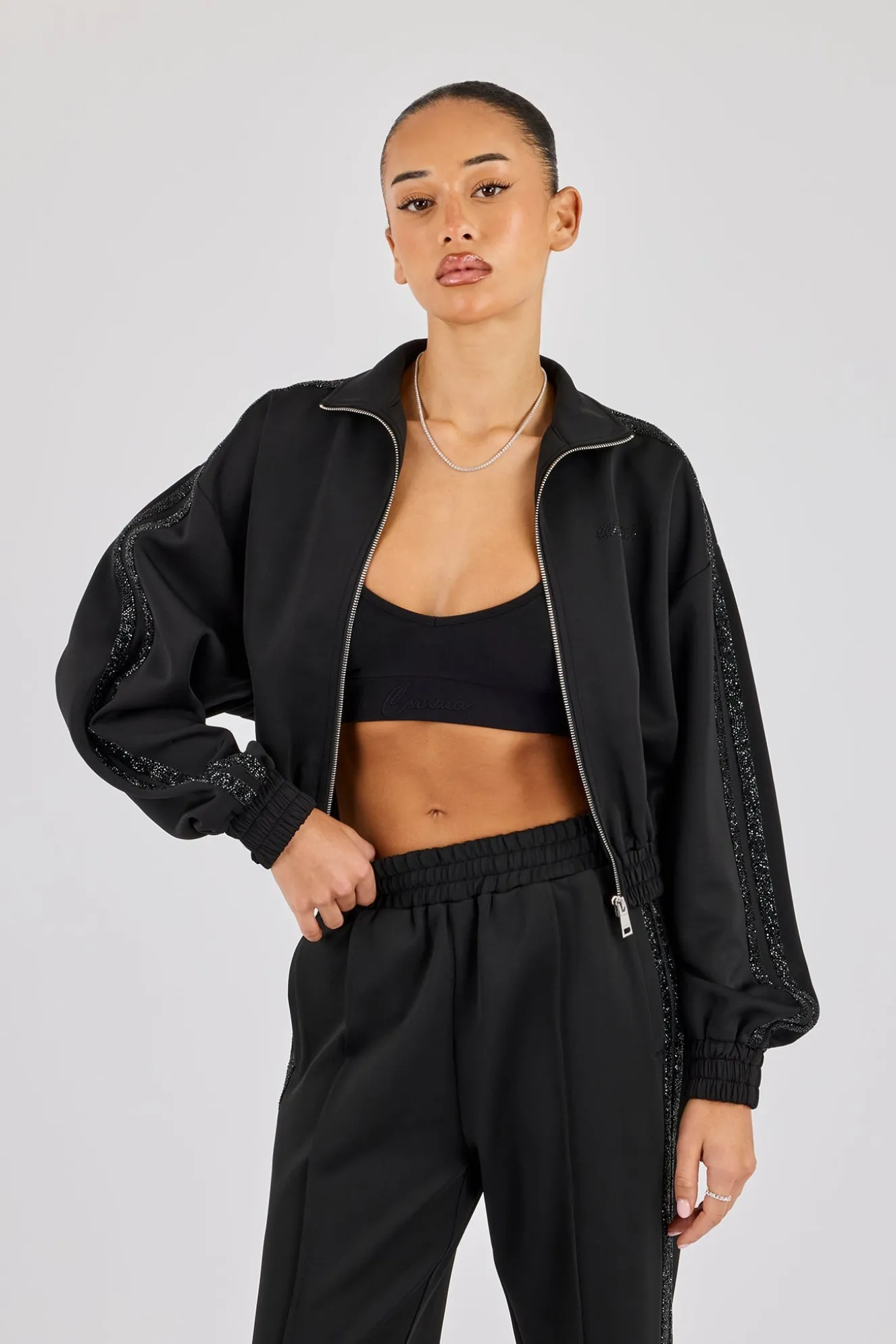Rhinestone Taping Cropped Funnel Neck Jacket - Black