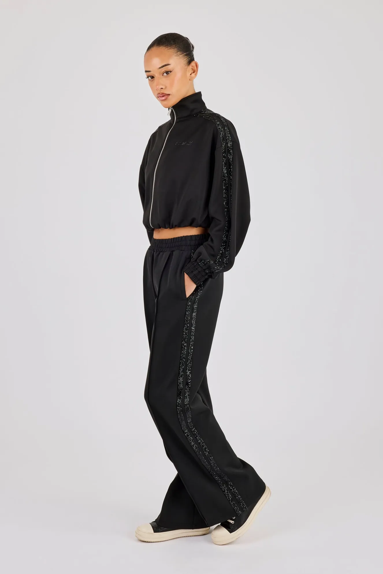 Rhinestone Taping Wide Leg Trouser - Black