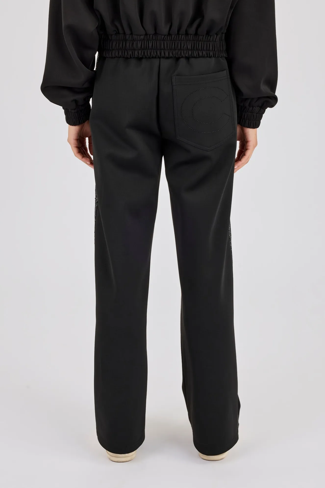 Rhinestone Taping Wide Leg Trouser - Black