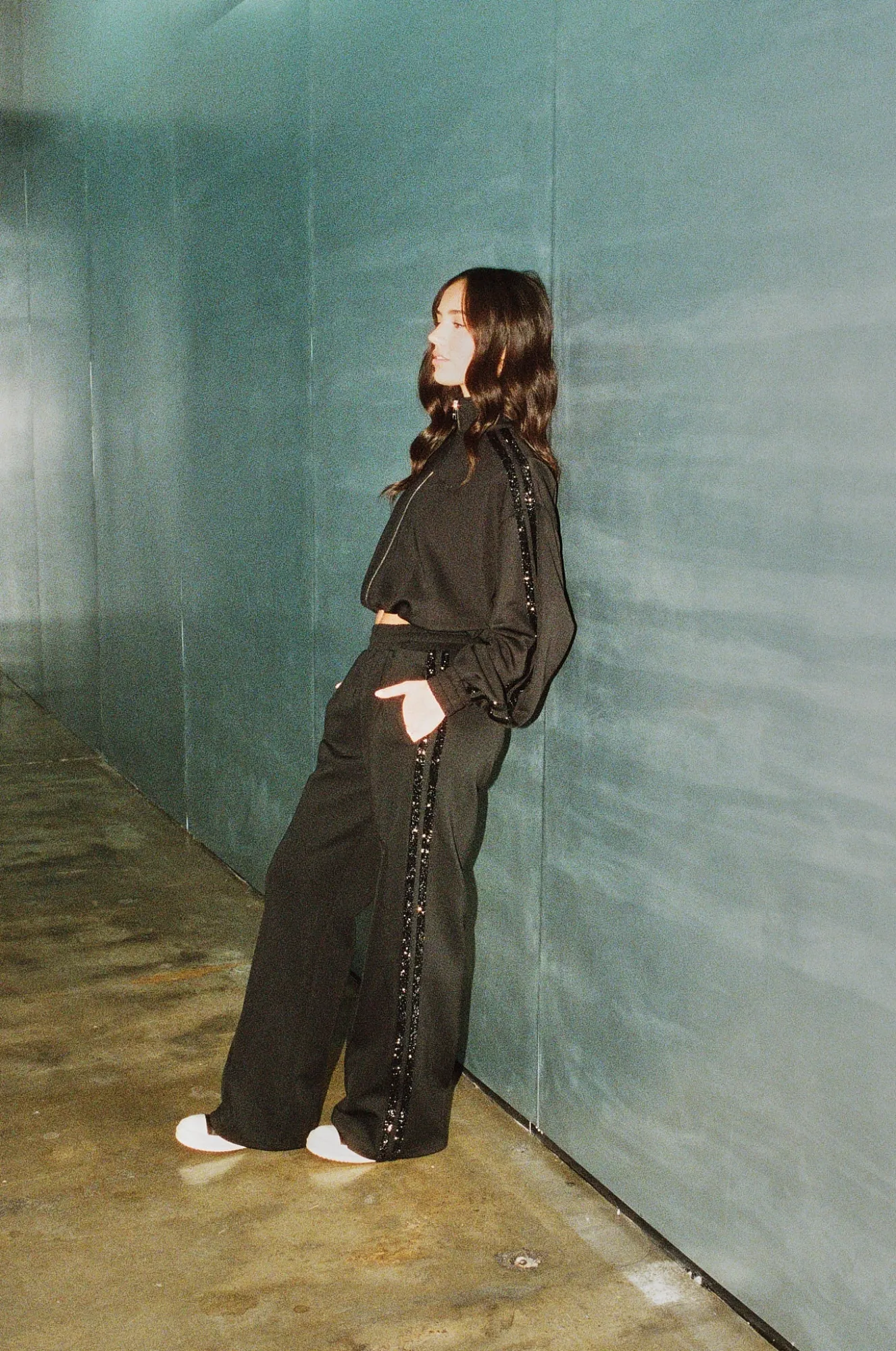 Rhinestone Taping Wide Leg Trouser - Black