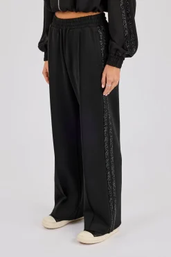 Rhinestone Taping Wide Leg Trouser - Black