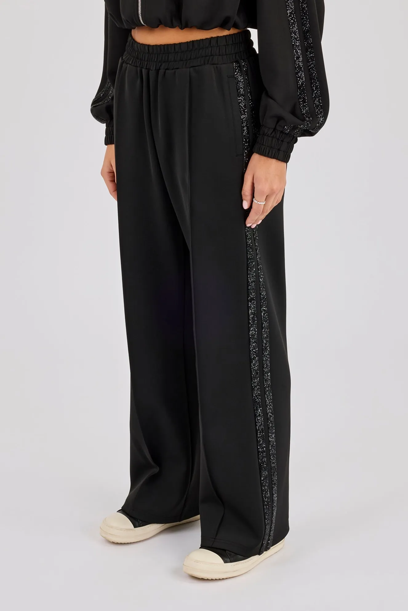 Rhinestone Taping Wide Leg Trouser - Black