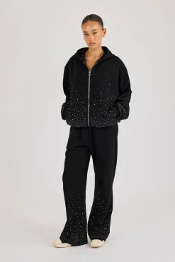 Rhinestone Wide Leg Jogger - Black