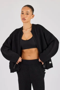 Ribbed Knit Collarless Bomber - Black