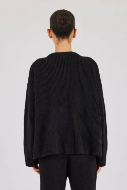 Ribbed Knit Collarless Bomber - Black