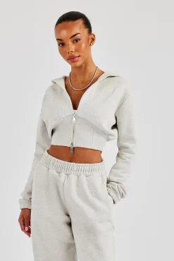 Rib Contrast Fitted Zip Hoodie - Ash Grey