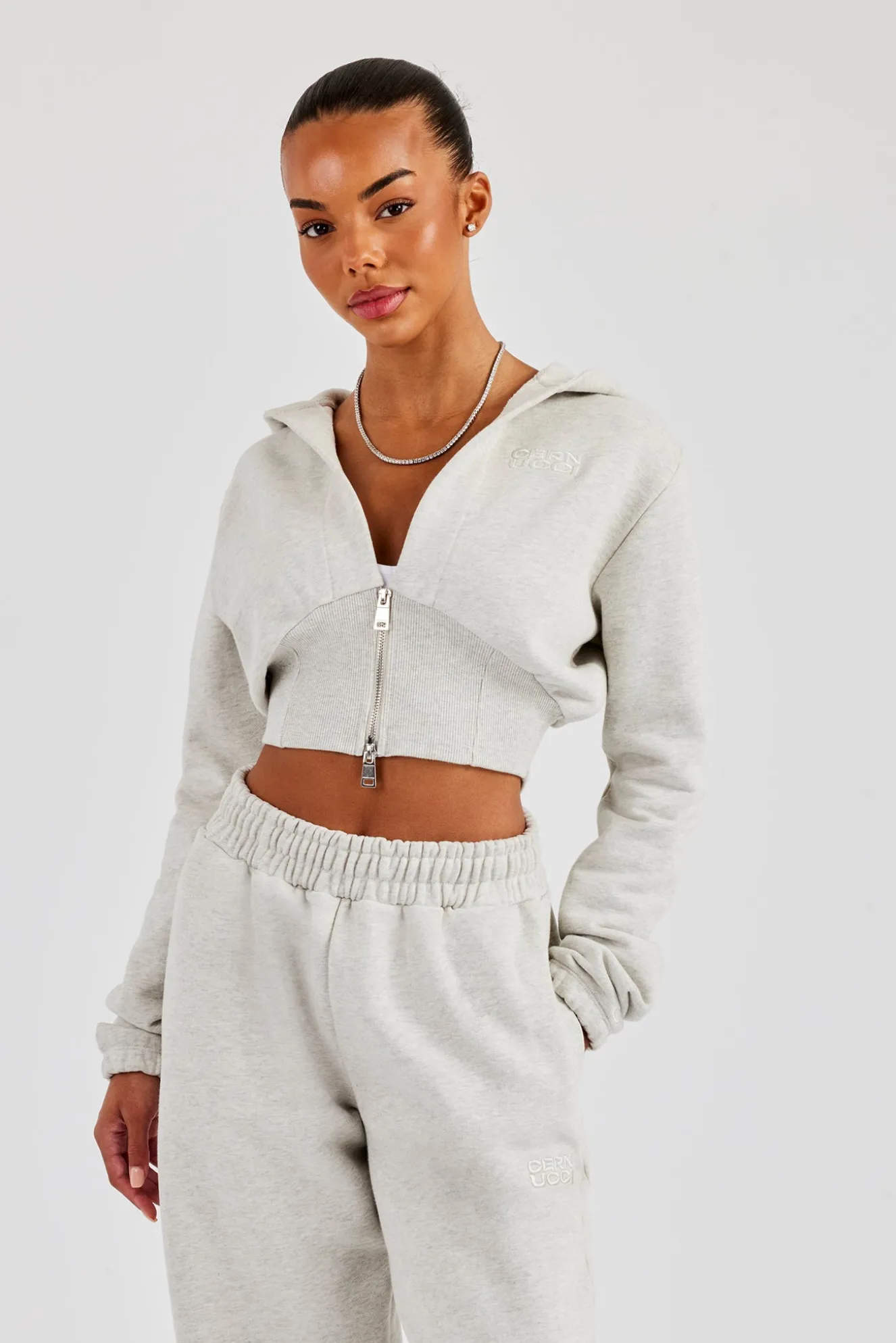 Rib Contrast Fitted Zip Hoodie - Ash Grey