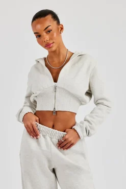 Rib Contrast Fitted Zip Hoodie - Ash Grey