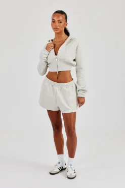 Rib Contrast Fitted Zip Hoodie & Embroidered Short - Ash Grey