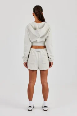Rib Contrast Fitted Zip Hoodie & Embroidered Short - Ash Grey