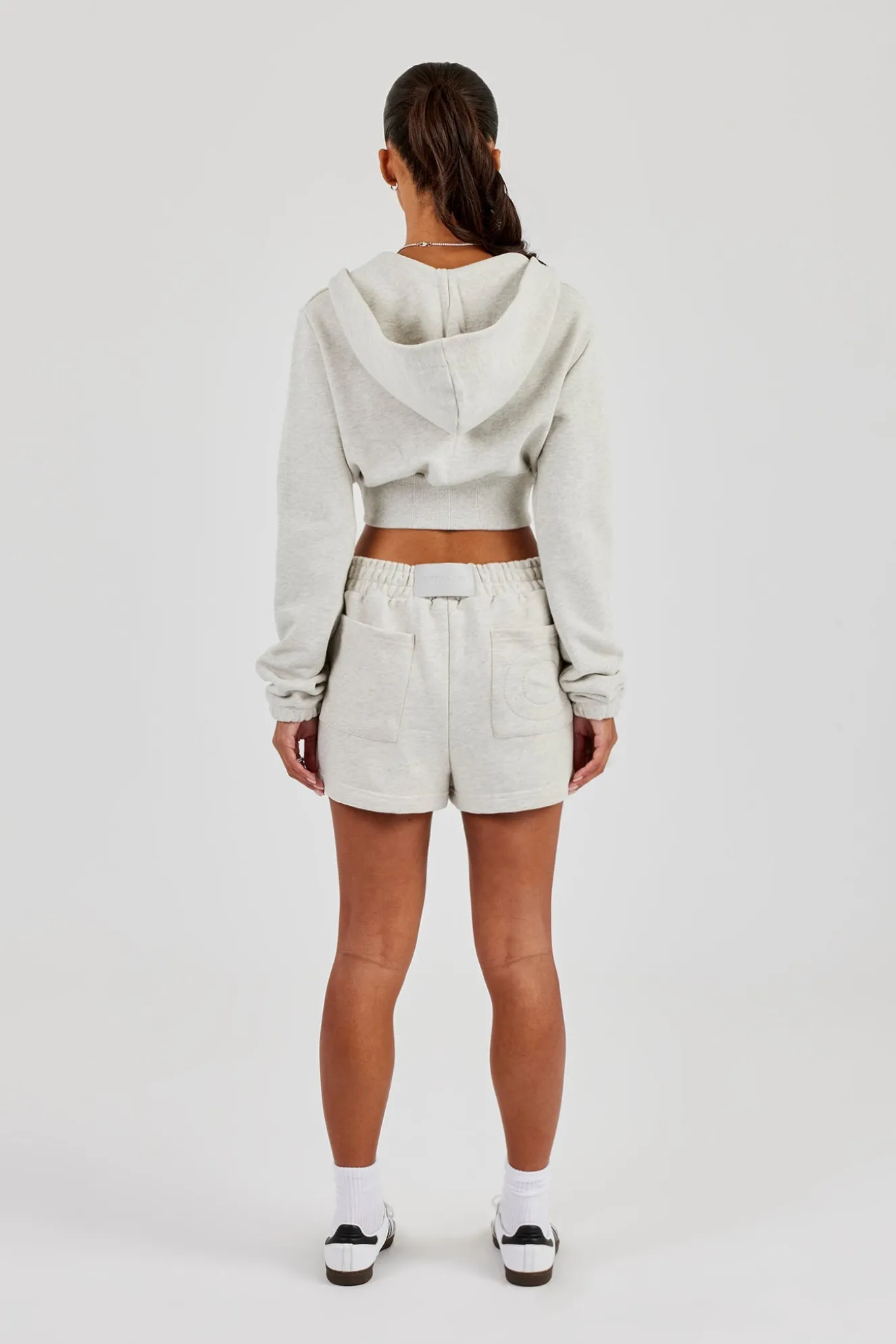 Rib Contrast Fitted Zip Hoodie & Embroidered Short - Ash Grey