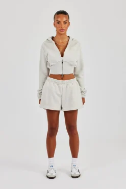 Rib Contrast Fitted Zip Hoodie & Embroidered Short - Ash Grey
