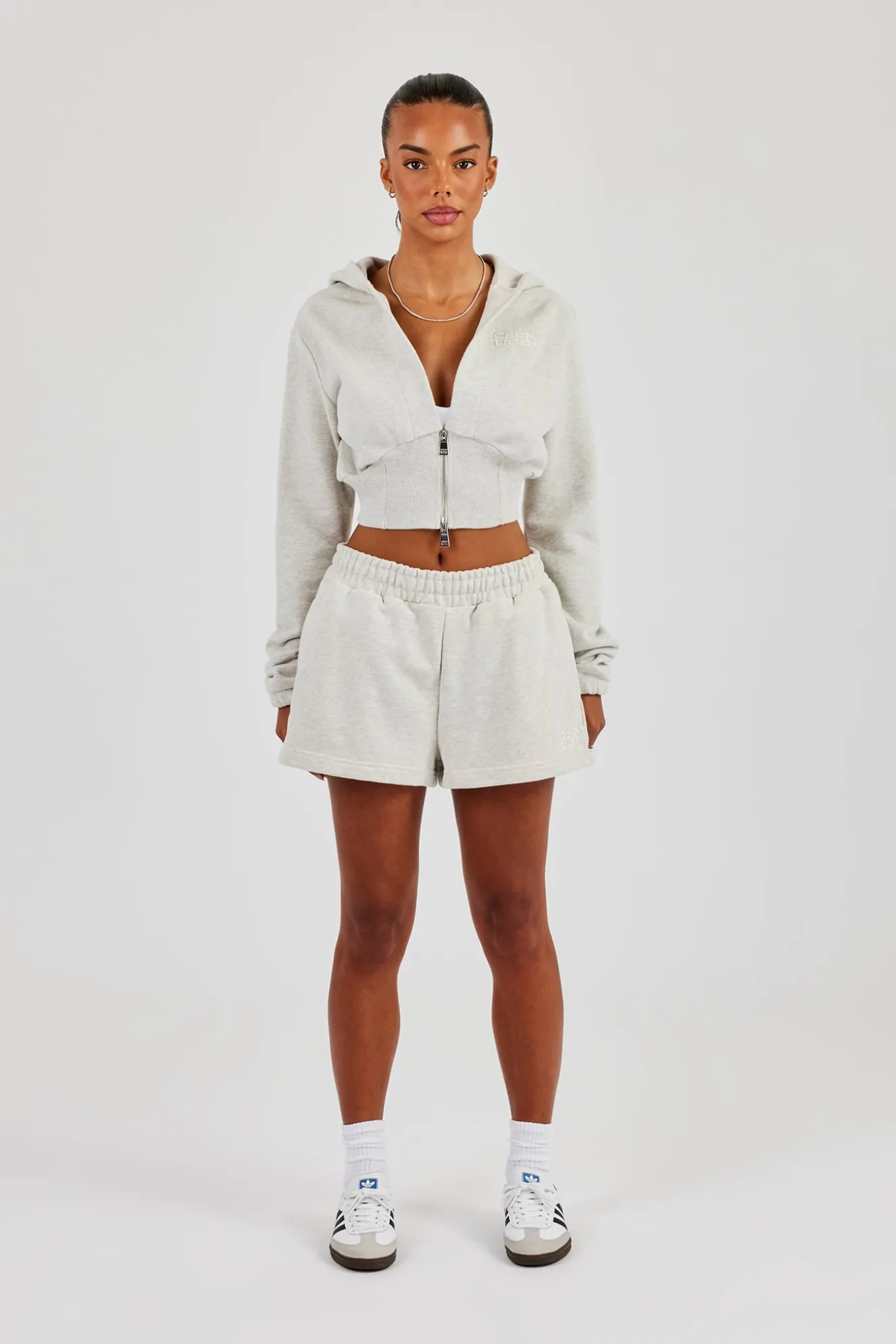 Rib Contrast Fitted Zip Hoodie & Embroidered Short - Ash Grey