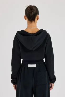 Rib Contrast Fitted Zip Hoodie - Black