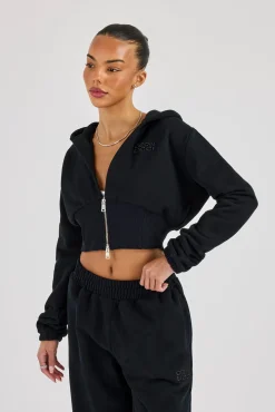 Rib Contrast Fitted Zip Hoodie - Black