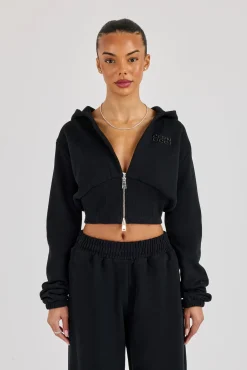 Rib Contrast Fitted Zip Hoodie - Black