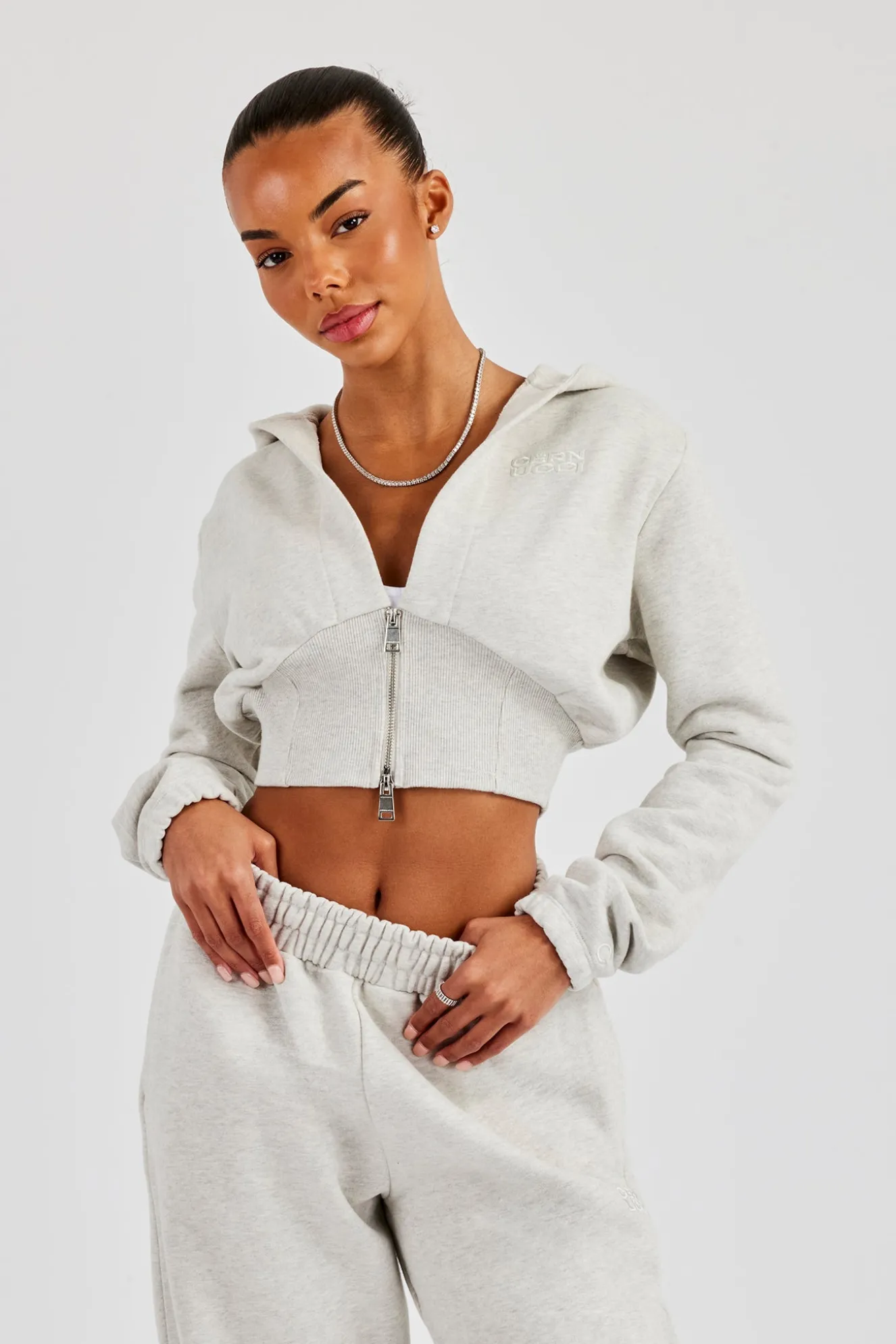 Rib Contrast Fitted Zip Tracksuit - Ash Grey