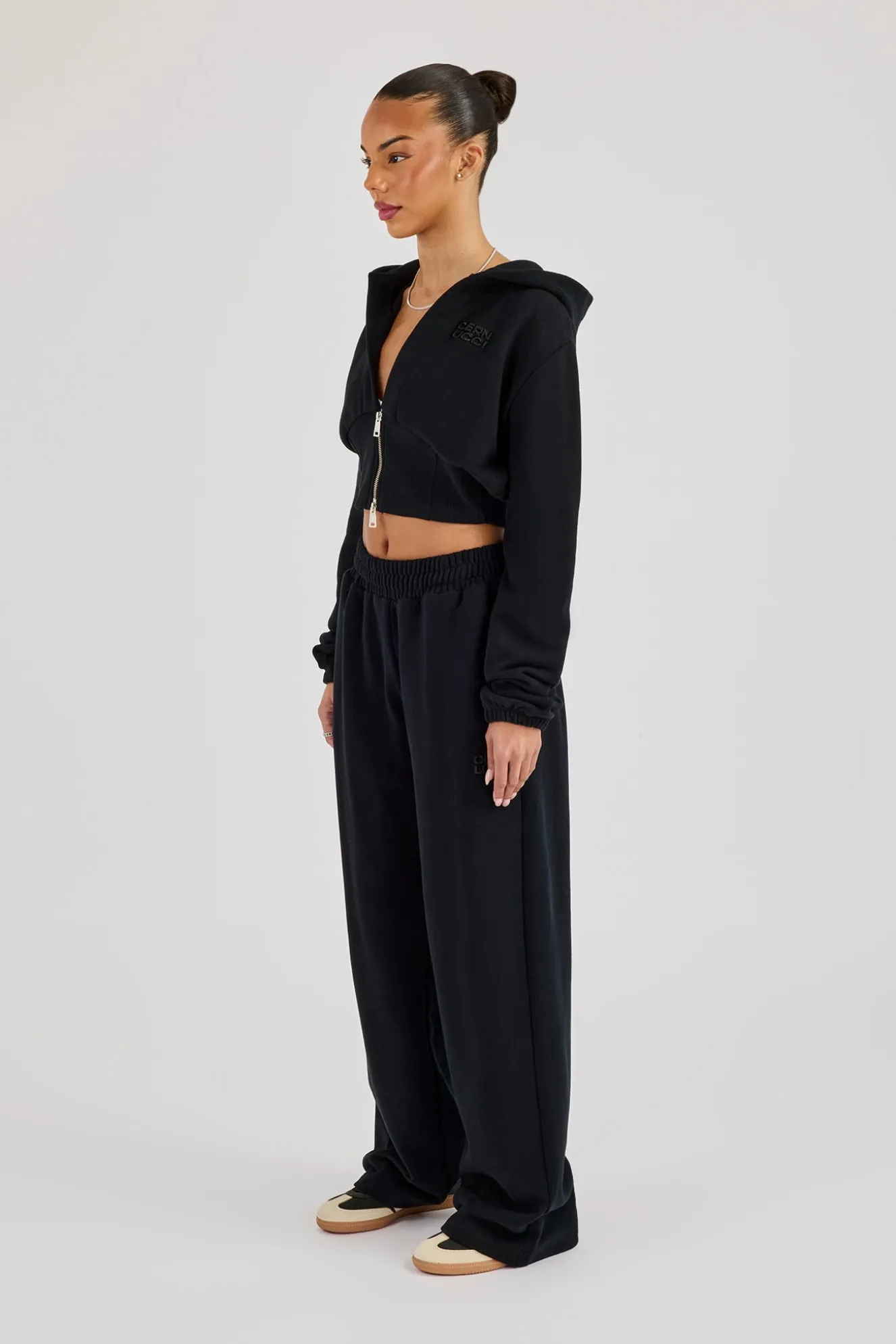 Rib Contrast Fitted Zip Tracksuit - Black