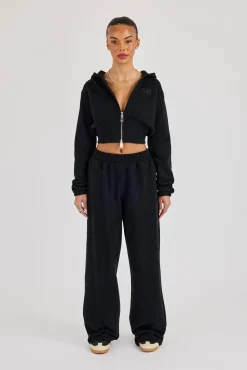 Rib Contrast Fitted Zip Tracksuit - Black