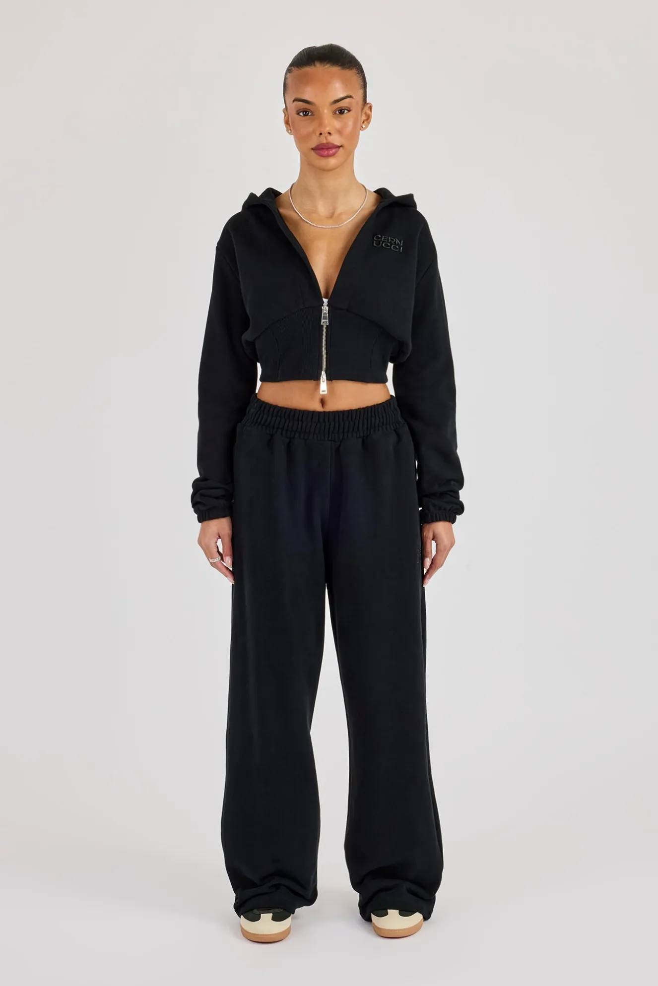 Rib Contrast Fitted Zip Tracksuit - Black