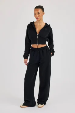 Rib Contrast Fitted Zip Tracksuit - Black