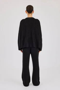 Rib Knit Collarless Bomber & Wide Leg Jogger - Black