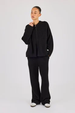 Rib Knit Collarless Bomber & Wide Leg Jogger - Black