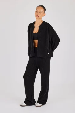 Rib Knit Collarless Bomber & Wide Leg Jogger - Black