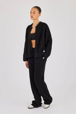 Rib Knit Collarless Bomber & Wide Leg Jogger - Black