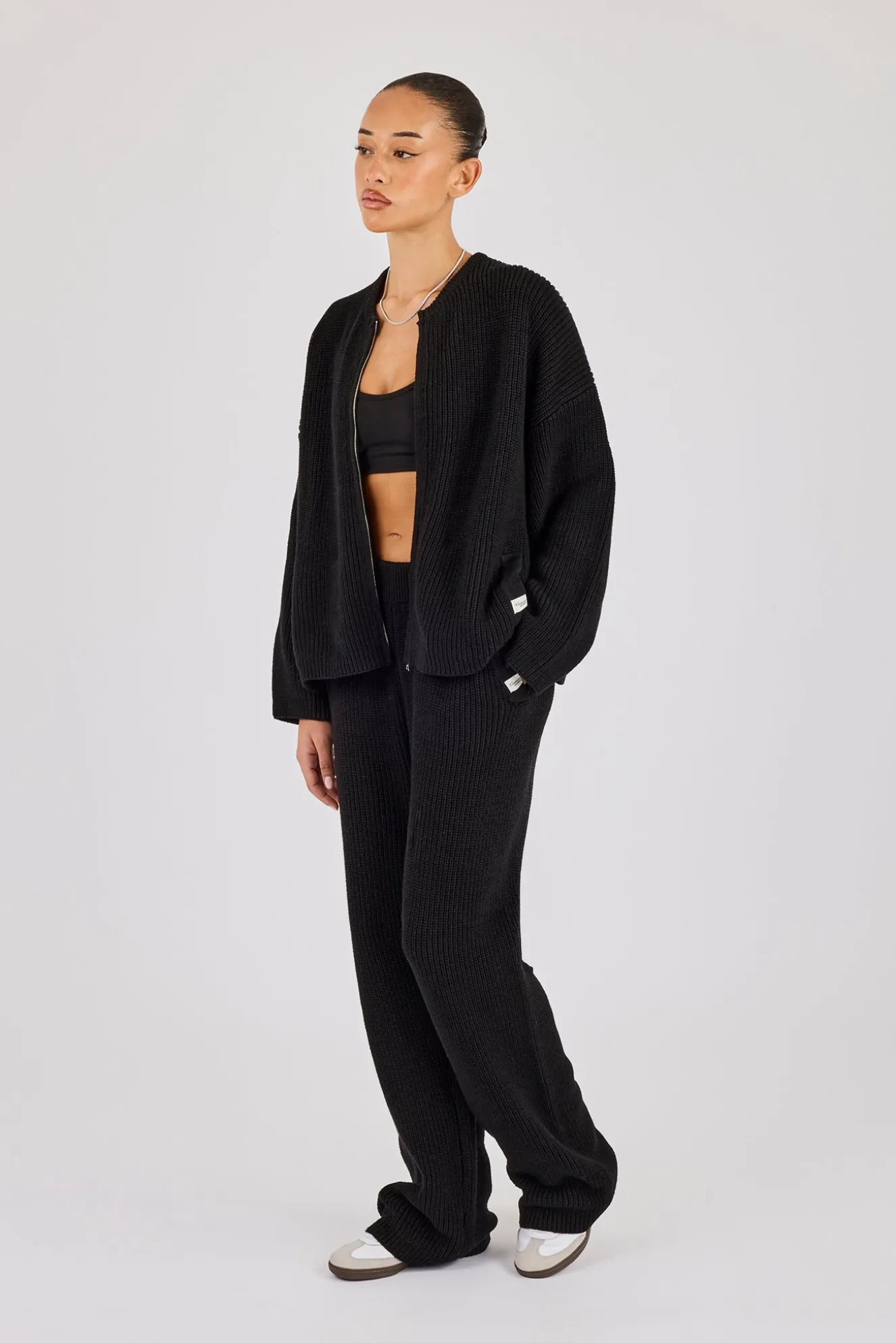 Rib Knit Collarless Bomber & Wide Leg Jogger - Black