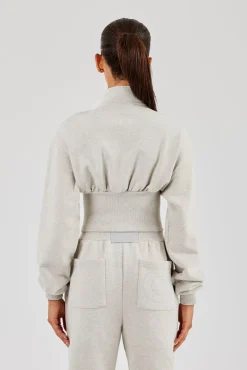 Rib Zip Through Funnel Neck Sweat - Ash Grey