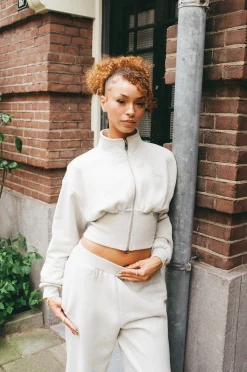 Rib Zip Through Funnel Neck Sweat - Ash Grey