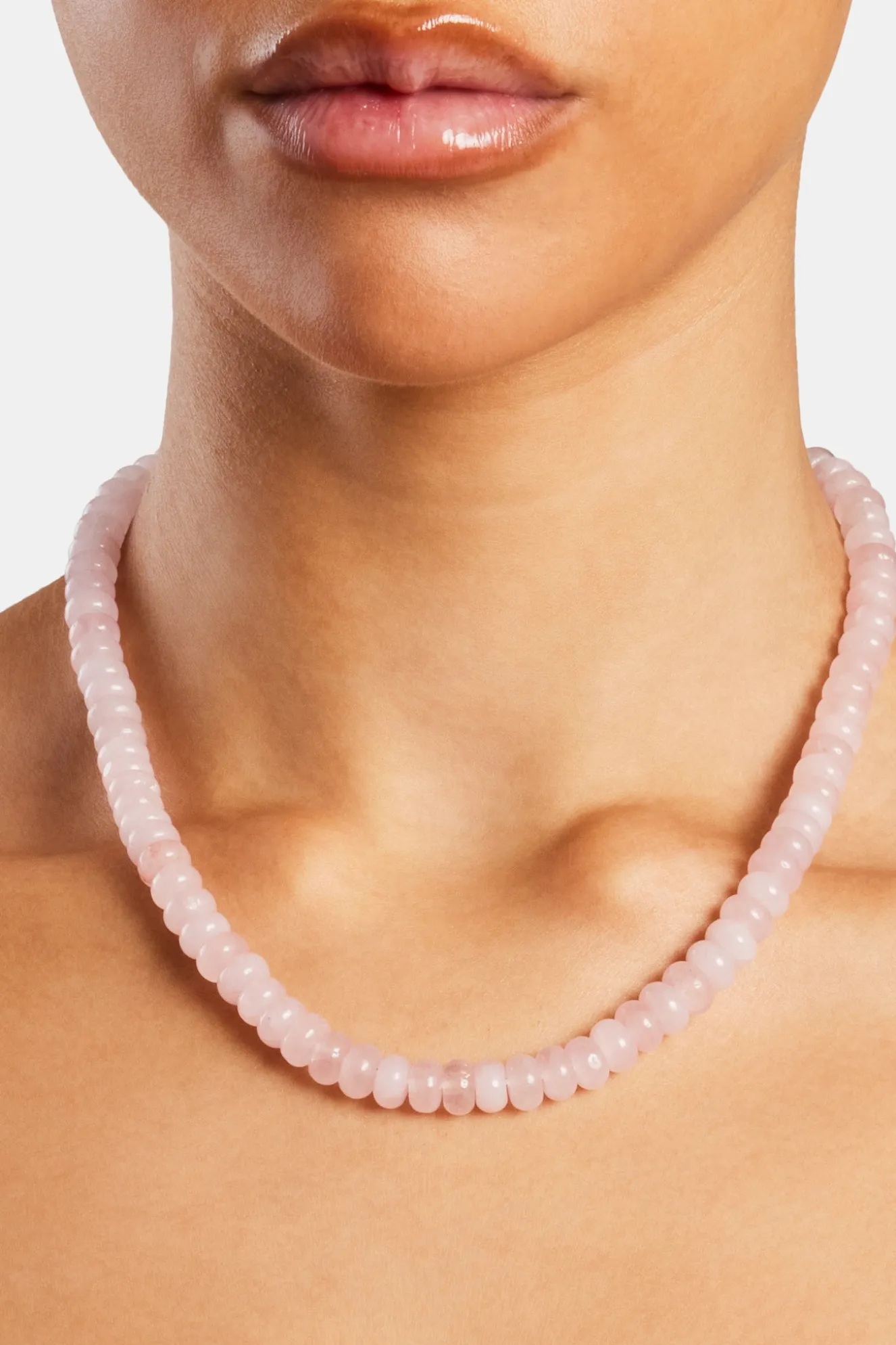 Rose Quartz Bead Necklace - White - 6mm