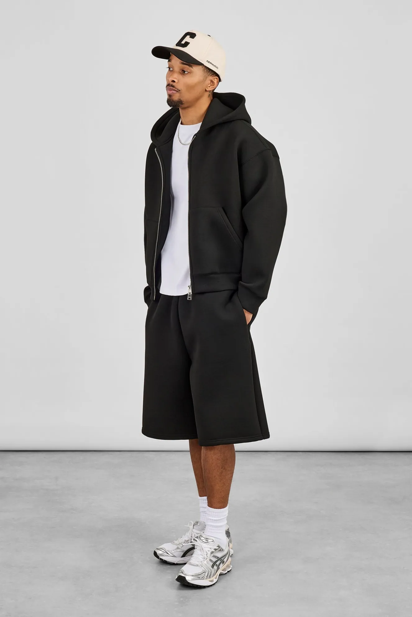 Scuba Zip Through Boxy Hoodie & Jort - Black