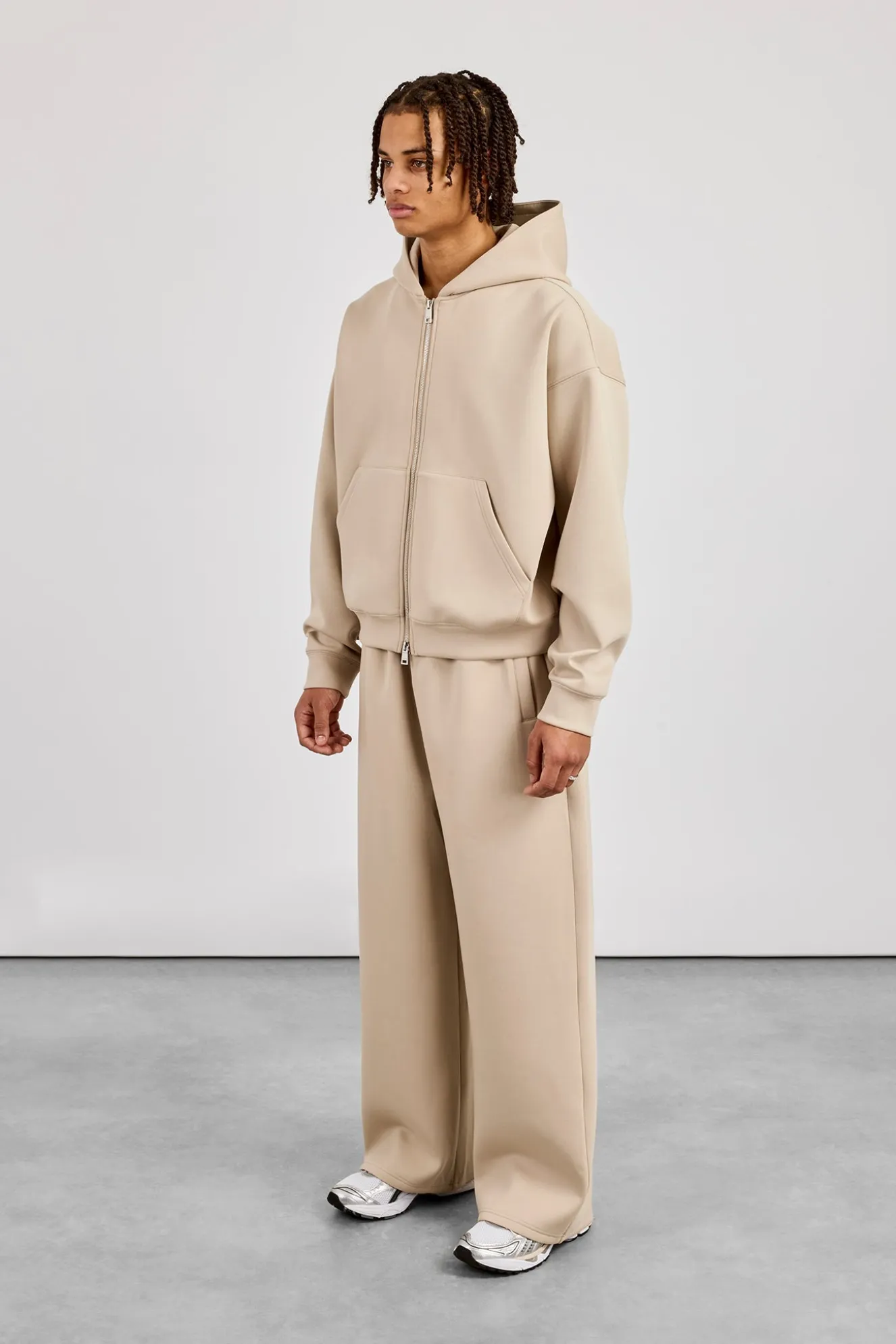 Scuba Zip Through Boxy Hoodie & Baggy Fit Trouser - Stone