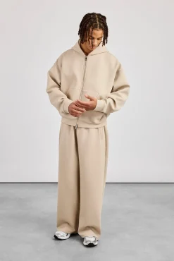 Scuba Zip Through Boxy Hoodie & Baggy Fit Trouser - Stone