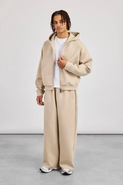Scuba Zip Through Boxy Hoodie & Baggy Fit Trouser - Stone
