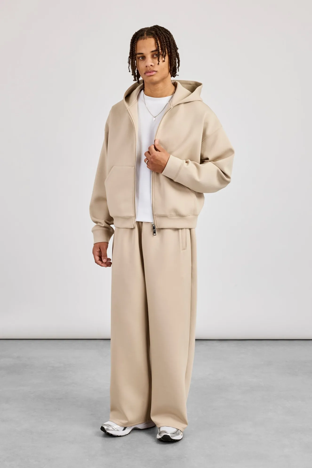 Scuba Zip Through Boxy Hoodie & Baggy Fit Trouser - Stone