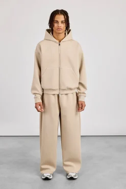 Scuba Zip Through Boxy Hoodie & Baggy Fit Trouser - Stone