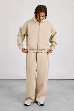 Scuba Zip Through Boxy Hoodie & Baggy Fit Trouser - Stone