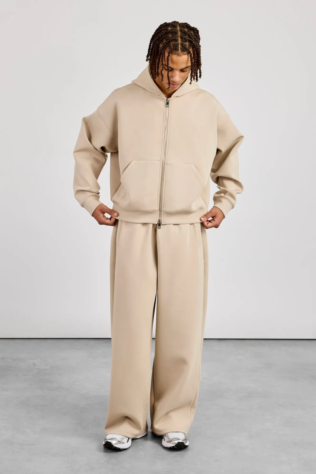 Scuba Zip Through Boxy Hoodie & Baggy Fit Trouser - Stone